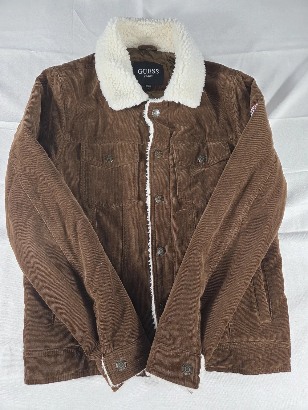 Guess Sherpa Lined Corduroy Trucker Jacket Brown Men's Small